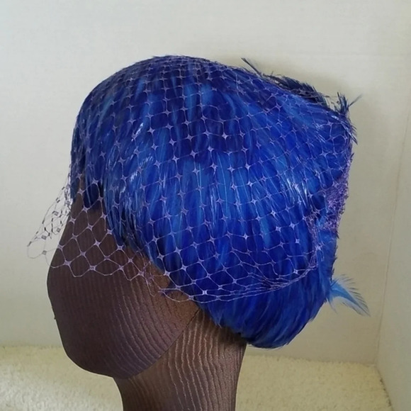 Vintage I Magnin Royal Electric‎ Blue Feather Hat - Picture 3 of 11